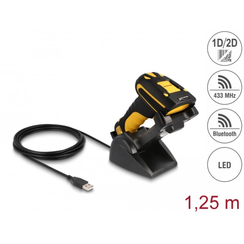 DeLOCK Scanner de code-barres industriel 1D et 2D pour 433 MHz ou Bluetooth avec station de chargement à induction