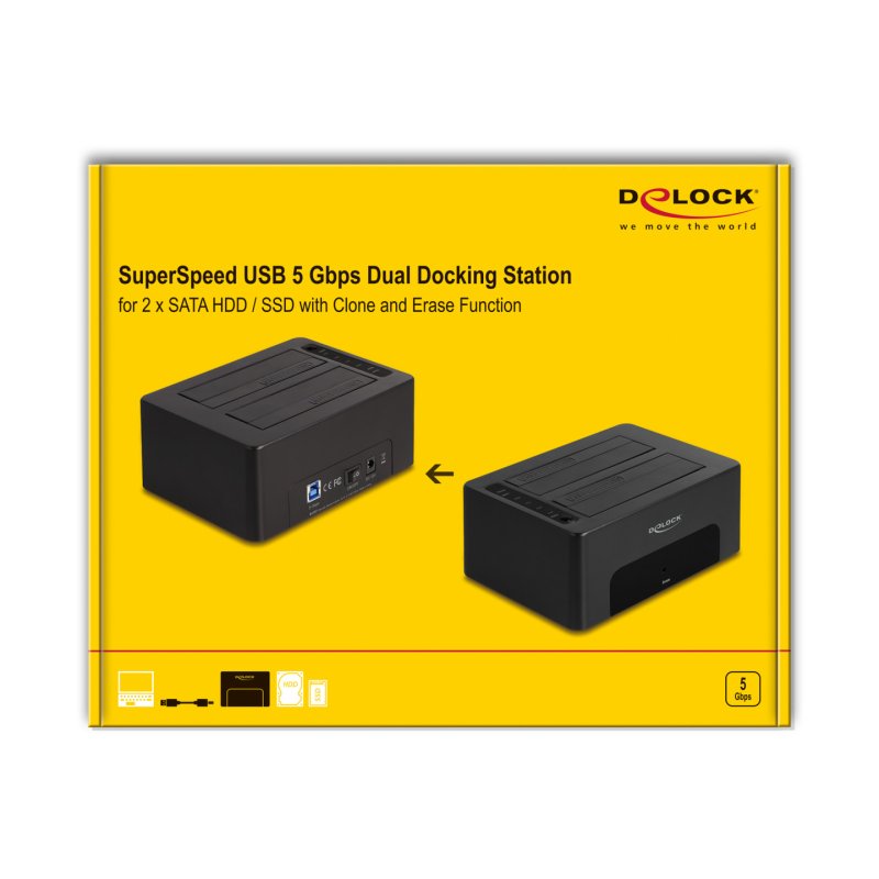 DeLOCK Station d’accueil USB Dual pour 2 SATA HDD / SSD avec fonctions Cloner et Effacer