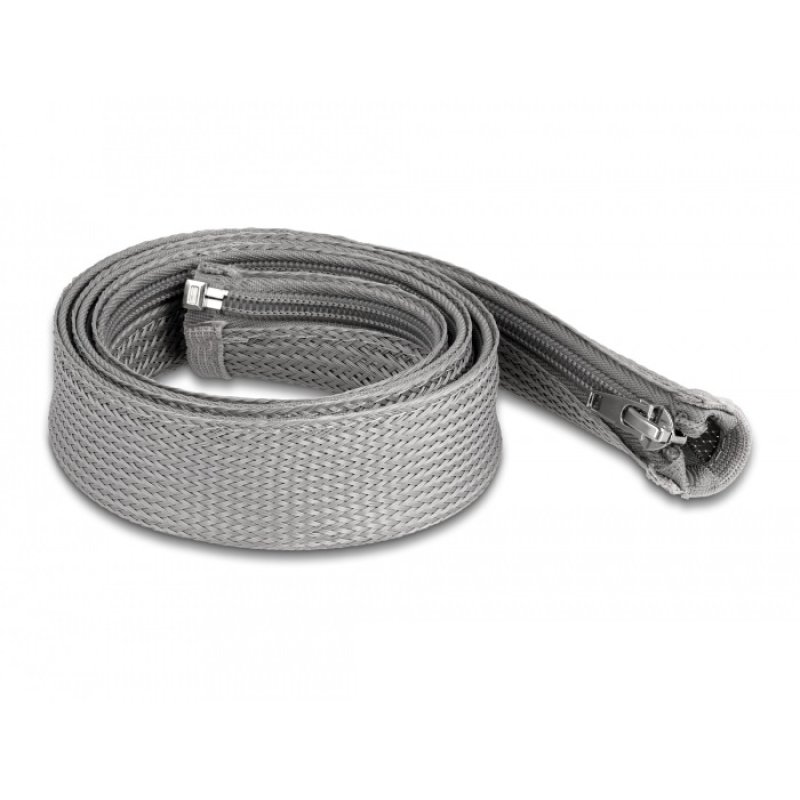 DeLOCK Braided Sleeve with zip fastener heat-resistant 1 m x 30 mm grey