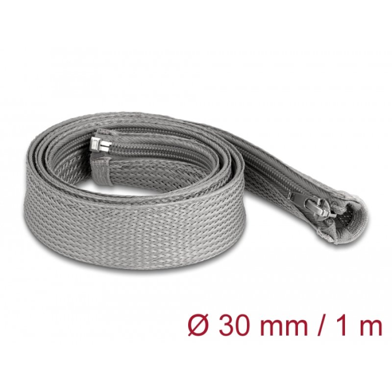 DeLOCK Braided Sleeve with zip fastener heat-resistant 1 m x 30 mm grey