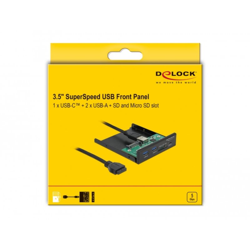 DeLOCK Panneau frontal 3.5″ USB 5 Gbps, 1 USB Type-C 2 USB Type-A fente SD et Micro SD