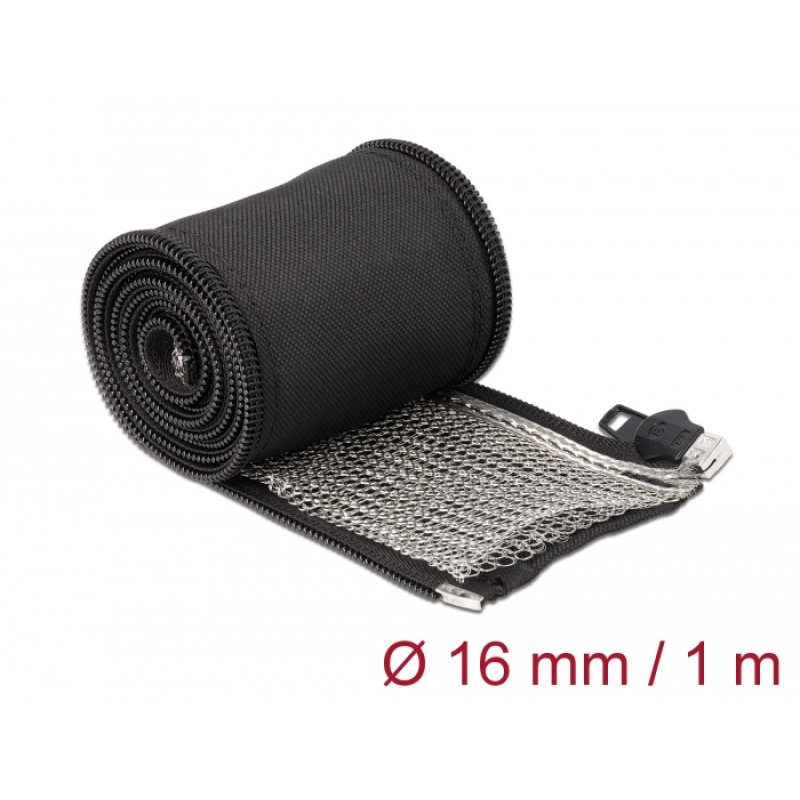 DeLOCK Manchon tissé blindé EMI avec fermeture Eclair thermorésistant, 1 m x 16 mm, noir