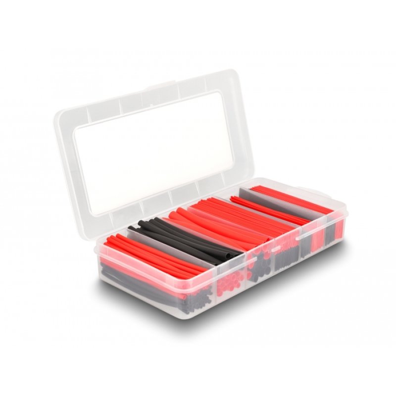 DeLOCK Boite d’assortiment de tubes thermorétractables, taux de rétrécissement 2:1, noir / rouge, 196 unités