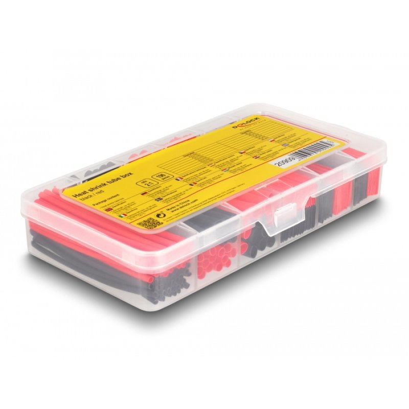 DeLOCK Heat shrink tube assortment box, shrinkage ratio 2:1, black / red 196 pieces