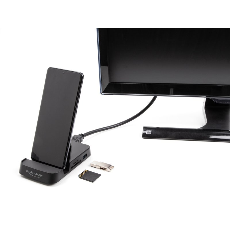 Smartphone Dockingstation 4K mit integrierter Halterung - HDMI / USB / Hub / SD / Micro SD für Android oder Windows