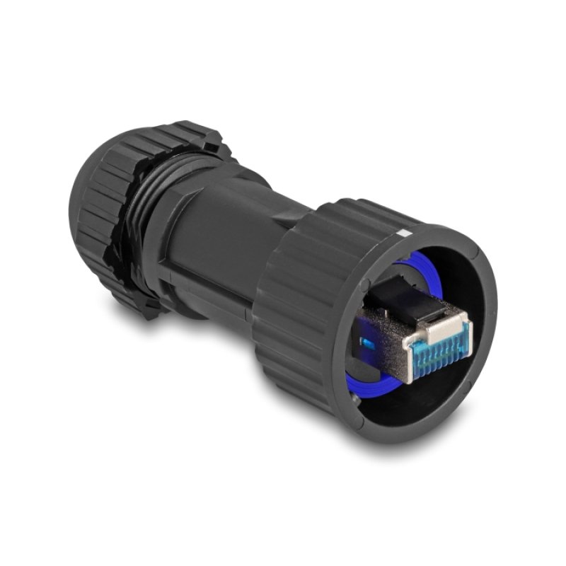 DeLOCK RJ45 mâle à montage sur terrain, Cat.6A, avec coupleur passant, IP68 pour la poussière et l’eau, noir