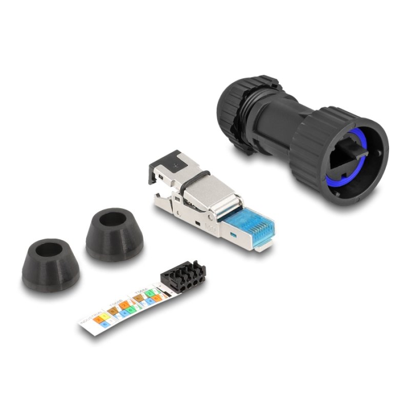 Stecker feldkonfektionierbar Cat.6A mit Durchführungskupplung passend für Delock Artikel 67047 und 67048 IP68 staub-