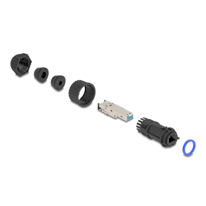 DeLOCK RJ45 mâle à montage sur terrain, Cat.6A, avec coupleur passant, IP68 pour la poussière et l’eau, noir