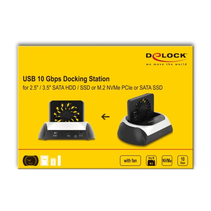 DeLOCK USB 10 Gbps Docking Station for 2.5″ / 3.5″ SATA HDD / SSD or M.2 NVMe PCIe or SATA SSD with fan