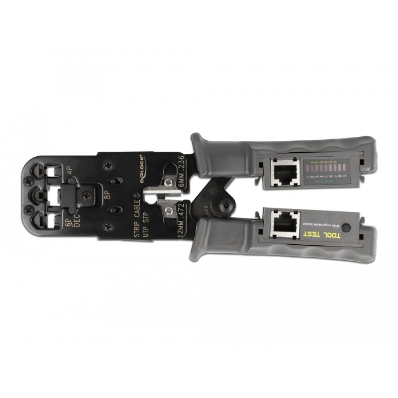 Crimpzange mit Abisolierer und Netzwerktester für 8P (RJ45), 6P (RJ12/11), 6P DEC oder 4P (RJ10) Stecker