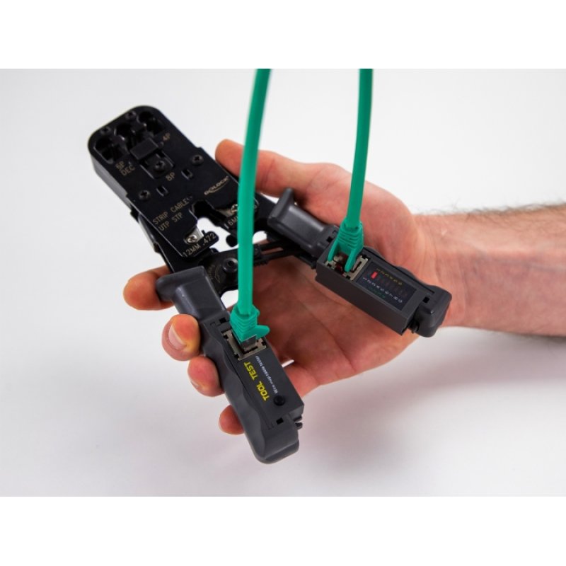DeLOCK Pince de sertissage avec dénudeur et testeur de réseau pour connecteur mâle 8P (RJ45), 6P (RJ12/11), 6P DEC