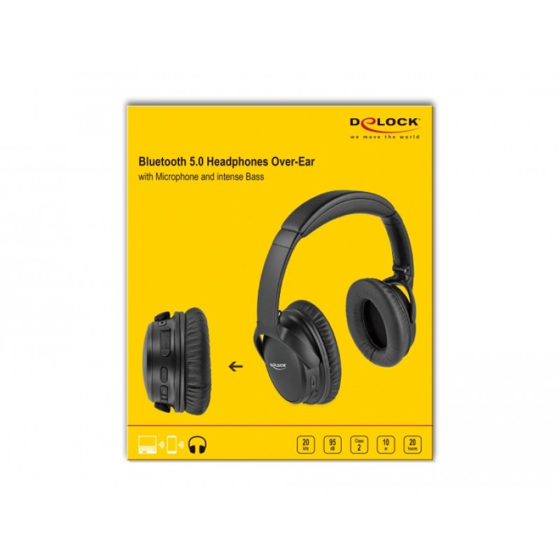 DeLOCK Bluetooth 5.0 Headphones Over-Ear foldable with integrated Microphone and intense Bass, up to 20 hours playback