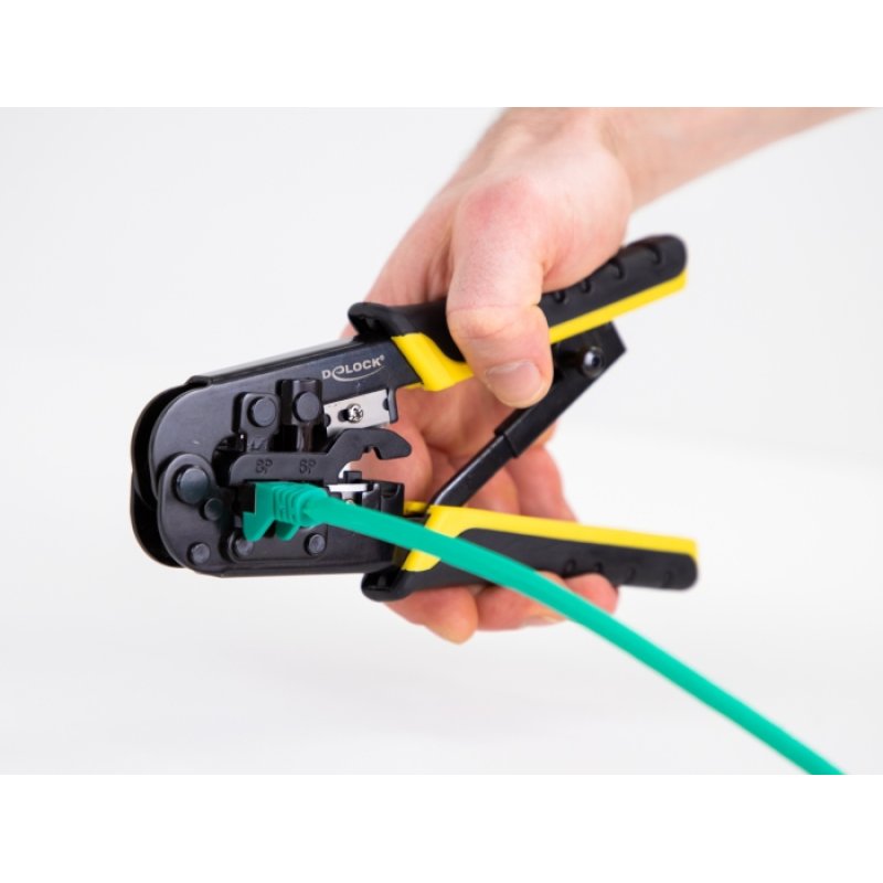 Universelle Crimpzange mit Abisolierer für 8P (RJ45), 6P (RJ12/11) oder 4P Stecker