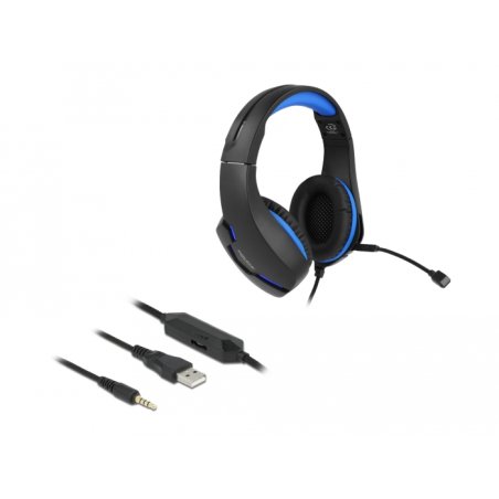 DeLOCK Gaming Headset Over-Ear with 3.5 mm Stereo jack and blue LED light for PC, Laptop and Game Consoles