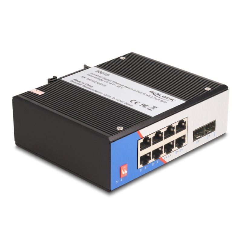 DeLOCK Commutateur Ethernet industriel Gigabit, 8 ports RJ45, 2 ports SFP pour rail DIN