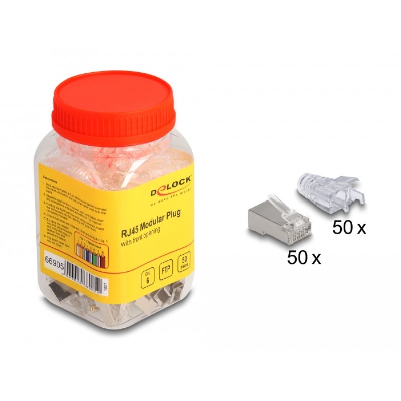 RJ45 Modularer Stecker mit vorderer Öffnung (easy connect) Cat.6 und Knickschutztülle 50er Set