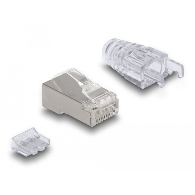 DeLOCK Fiche modulaire RJ45 avec loquet courbe Cat.6 et manchon de protection contre le pliage, set de 50 unités