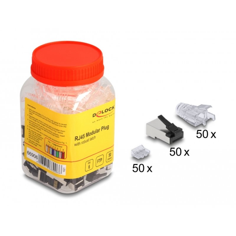 DeLOCK Fiche modulaire RJ45 avec loquet robuste Cat.6 et manchon de protection contre le pliage, set de 50 unités