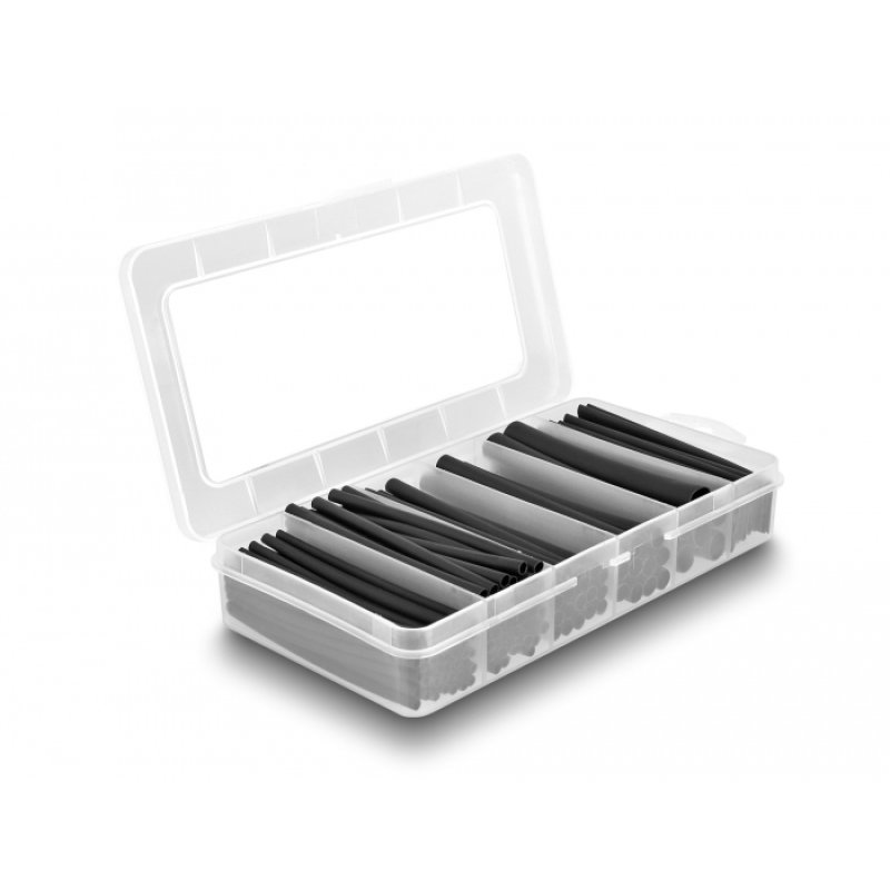 DeLOCK Heat shrink tube assortment box, dual wall with inside adhesive, shrinkage ratio 3:1, black 122 pieces