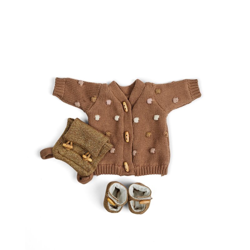 Smallstuff - Doll clothing, knitted long dot cardigan, shoes and backpack - (40010-47)