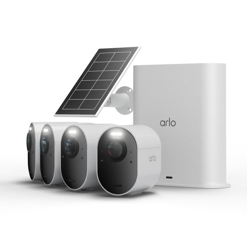 Arlo Ultra 3 Kamera Weiß 4er Set inkl. Smart Hub und Solarpanel 4K Auflösung, WLAN, Akku/Solarstrom, IP65 Wetterfest,