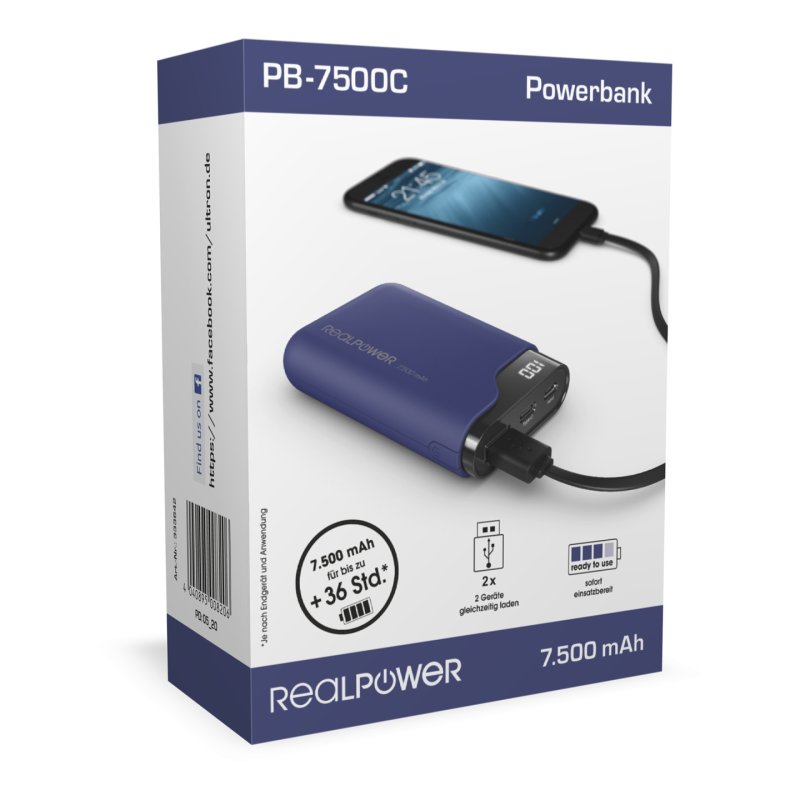 RealPower PB-7500C Navy Blue 7500 mAh Black, Blue