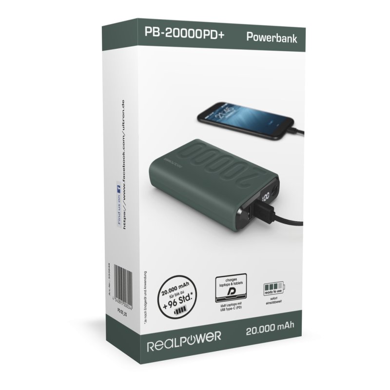 RealPower 333646 banque d'alimentation électrique 20000 mAh Vert