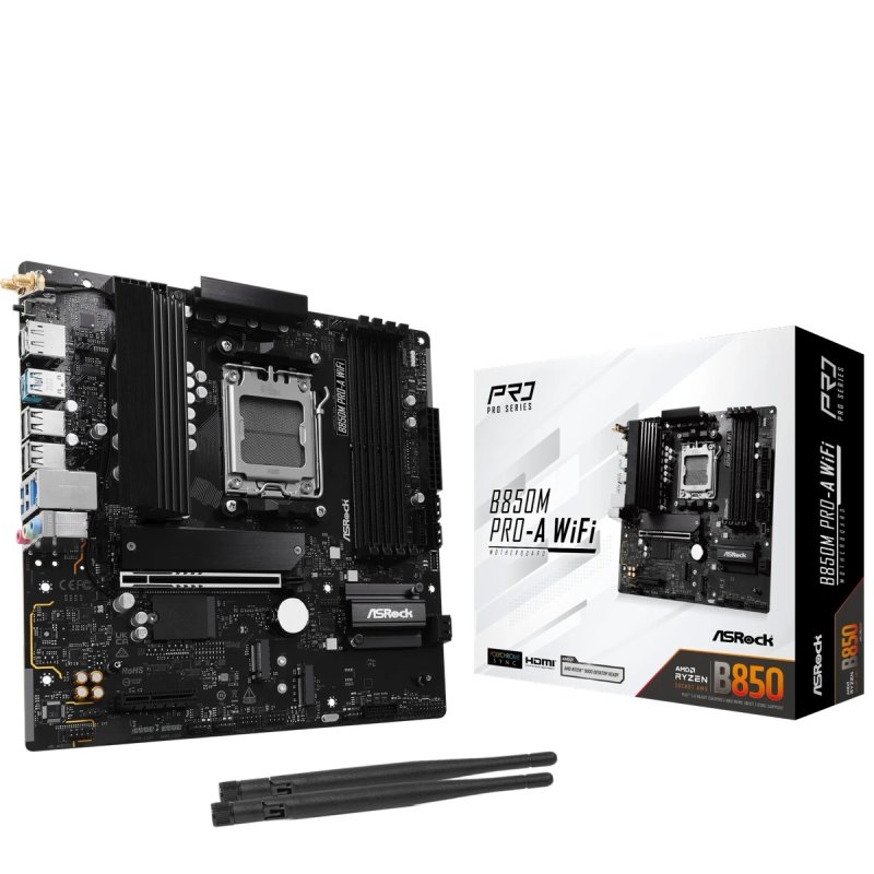  Asrock B850M PRO-A WIFI, AMD B850, AM5, Micro ATX, 4 DDR5, HDMI, DP, Wi-Fi 6E, 2.5G LAN, 3x M.2