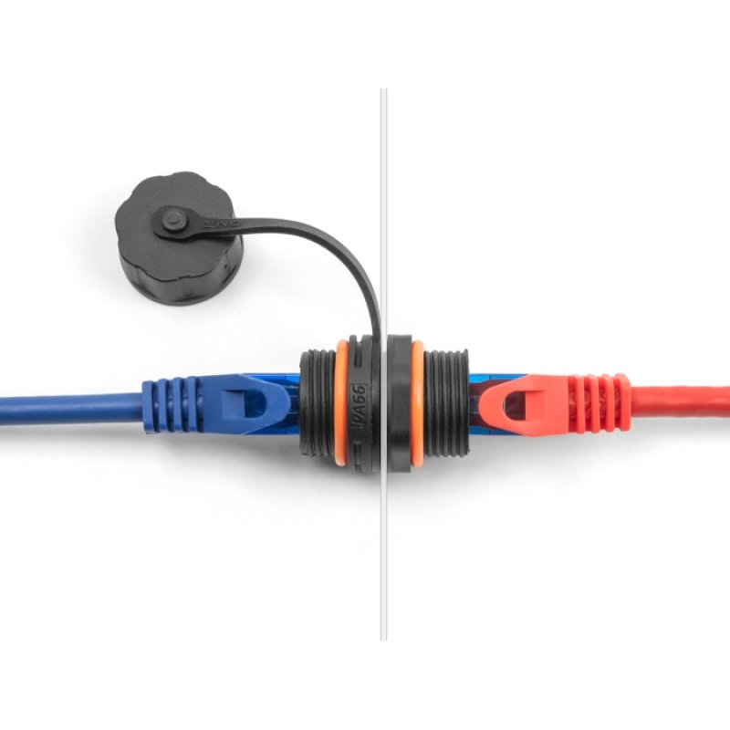 DeLock Kabelverbinder RJ45 Buchse zu RJ45 Buchse Cat.6A mit M20 Gewinde und Verschlusskappe IP68 staub- und wasserdicht