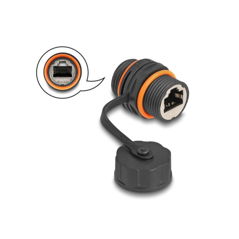 DeLOCK Connecteur de câble RJ45 femelle à RJ45 femelle, Cat.6A, avec filetage M20 et capuchon de protection, IP68,