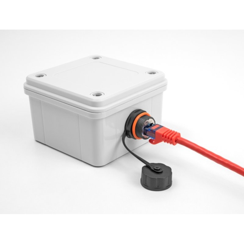 DeLock Kabelverbinder RJ45 Buchse zu RJ45 Buchse Cat.6A mit M20 Gewinde und Verschlusskappe IP68 staub- und wasserdicht