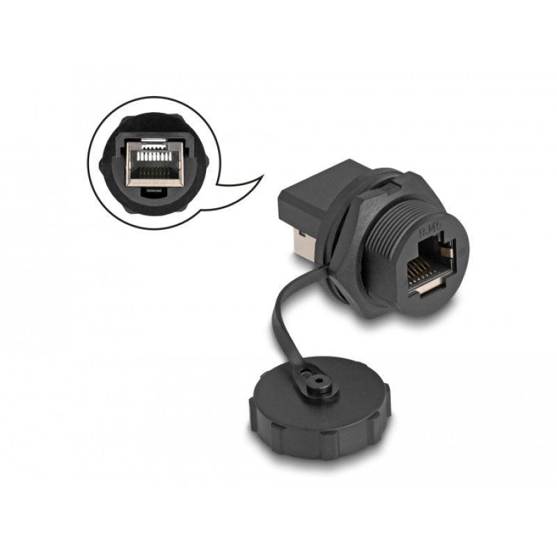 DeLOCK RJ45 Cat.6A Coupler with protective cap for built-in installation IP67 dust and waterproof