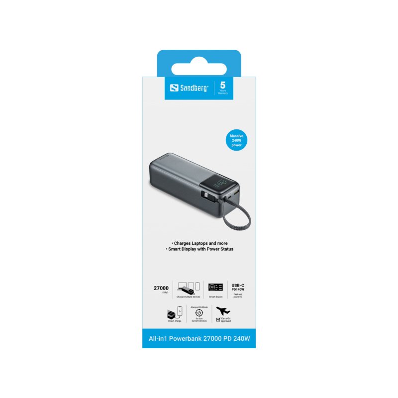 Sandberg 421-31 banque d'alimentation électrique Lithium Polymère (LiPo) 27000 mAh Noir, Gris
