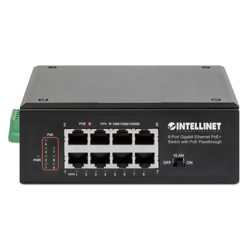 INTELLINET 8-Port PoE Gb Switch PoE-Passthrough 1xPD PoE 95W Eingangsstrom 7x PSE PoE Strombudget bis 120W