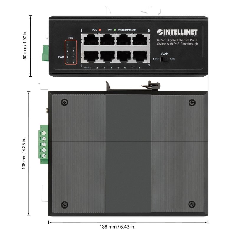 INTELLINET 8-Port PoE Gb Switch PoE-Passthrough 1xPD PoE 95W Eingangsstrom 7x PSE PoE Strombudget bis 120W