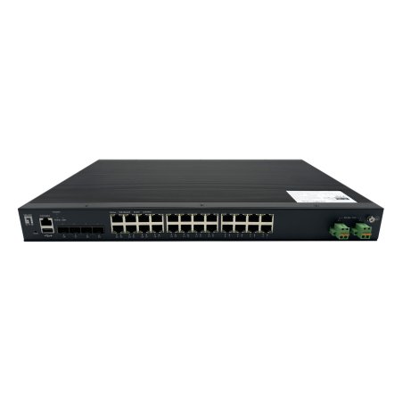 LevelOne 28-Port L2 Plus Managed PoE Industrial Switch, 4 x 1/2.5/10GbE SFP , 24 PoE Outputs, 370W, 802.3AF/AT/BT PoE,