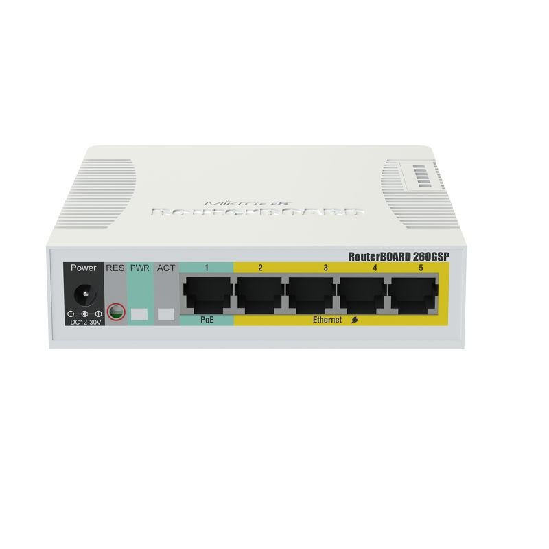 MikroTik RouterBOARD RB260GSP - Switch - managed - 5 x 10/100/1000 (4 PoE) 1 x SFP - Desktop - PoE (CSS106-1G-4P-1S)