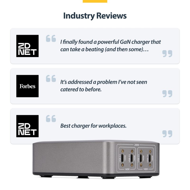 StarTech.com 4-Port Multi-Device USB-C Charger, 240W Total, Single Port 140W EPR, PD 3.1, Screw Locking Ports,
