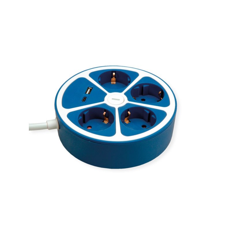 ROLINE 4-fach Steckdosenleiste mit Schalter, rund, USB-Charger A C, blau, 3 m