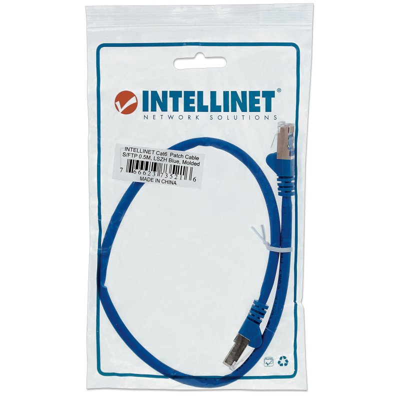 Intellinet Network Patch Cable, Cat6, 0.5m, Blue, Copper, S/FTP, LSOH / LSZH, PVC, RJ45, Gold Plated Contacts,