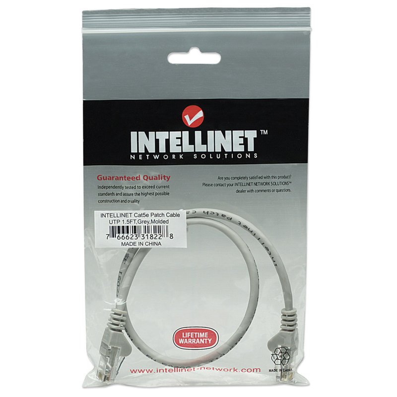 Intellinet Network Patch Cable, Cat5e, 0.5m, Grey, CCA, U/UTP, PVC, RJ45, Gold Plated Contacts, Snagless, Booted,