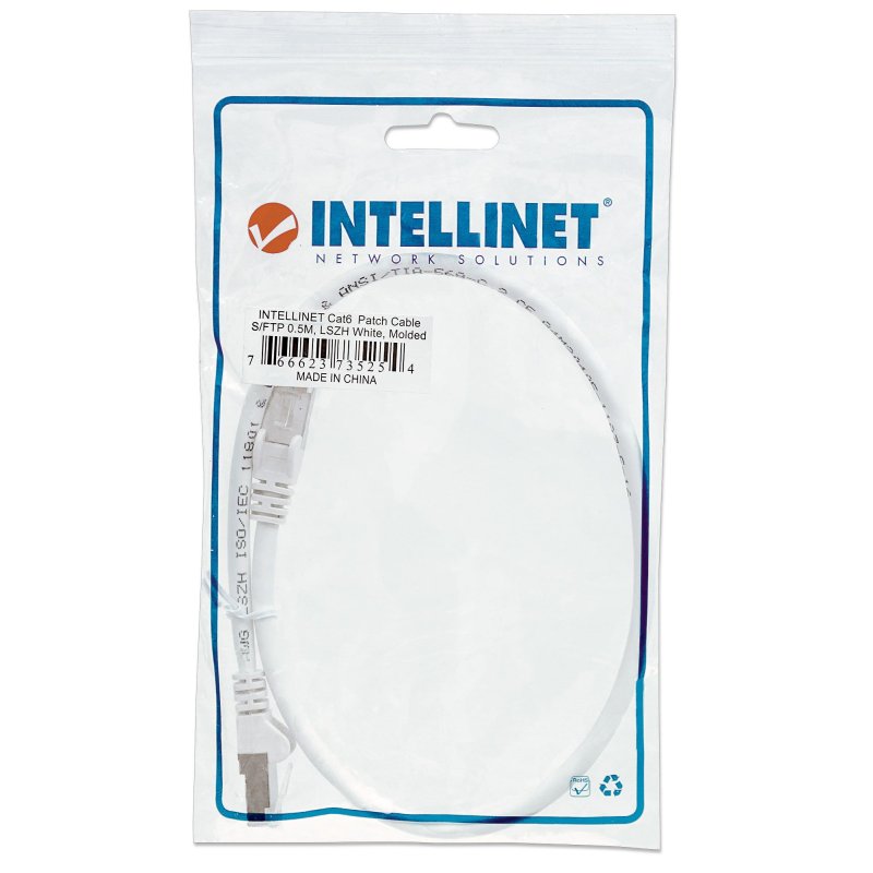Intellinet Network Patch Cable, Cat6, 0.5m, White, Copper, S/FTP, LSOH / LSZH, PVC, RJ45, Gold Plated Contacts,