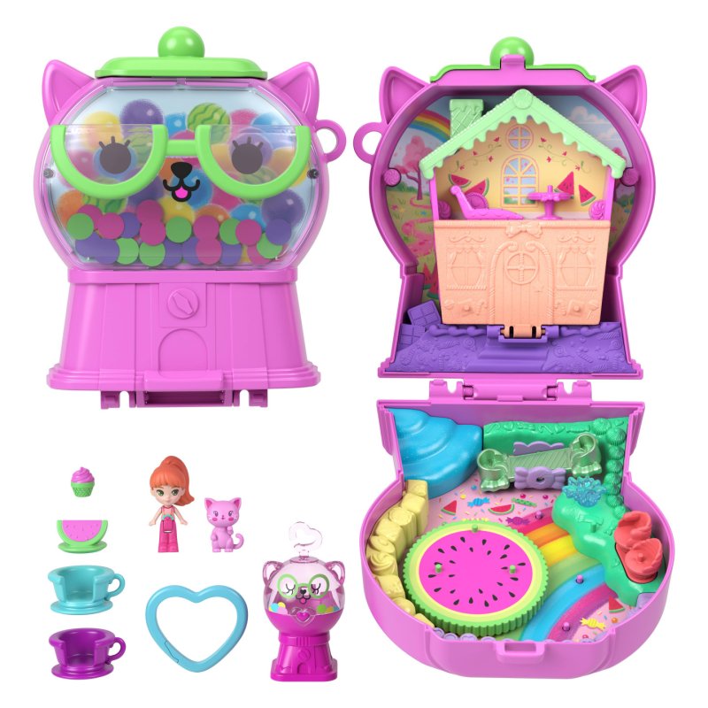 Polly Pocket Gumball Kitty Compact Playset with 1 Micro Doll and Pet, Travel Toy with Fruit Accessories and Rides