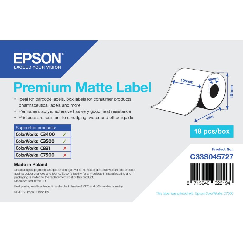 EPSON Premium Matte Label 105mmx35m Continuous Roll