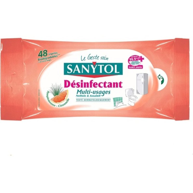 Sanytol Multi-Purpose Disinfectant Grapefruit and Lemongrass Wipes 48 Count - Pack of 4