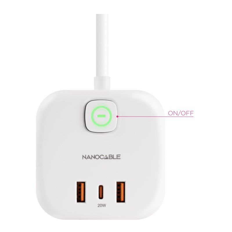 Multiprise Nanocable GaN x 3 prises x 2 USB-A x 1 USB-C 20w (Blanc)
