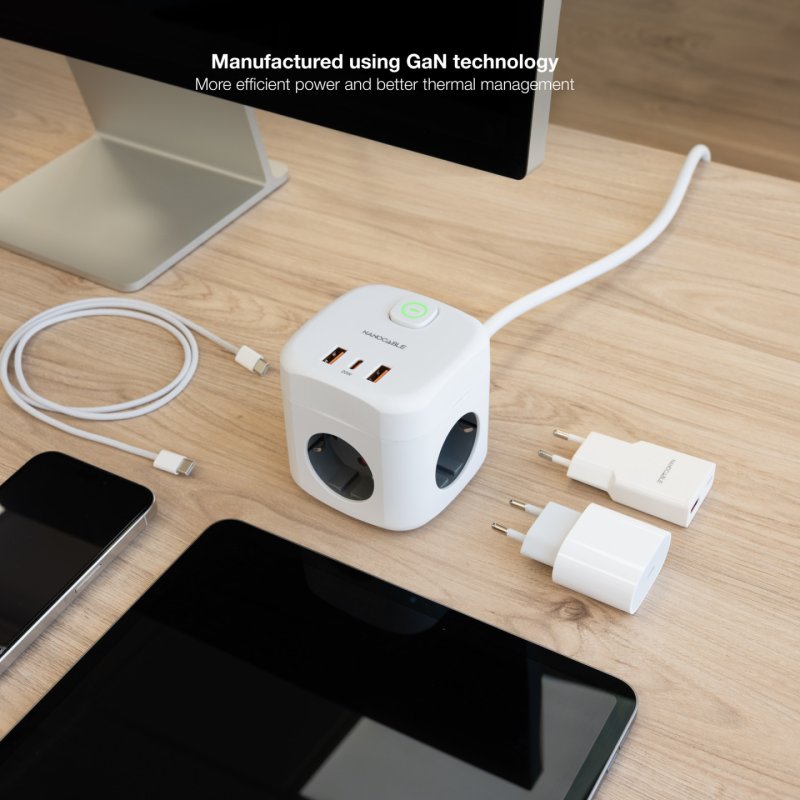 Multiprise Nanocable GaN x 3 prises x 2 USB-A x 1 USB-C 20w (Blanc)