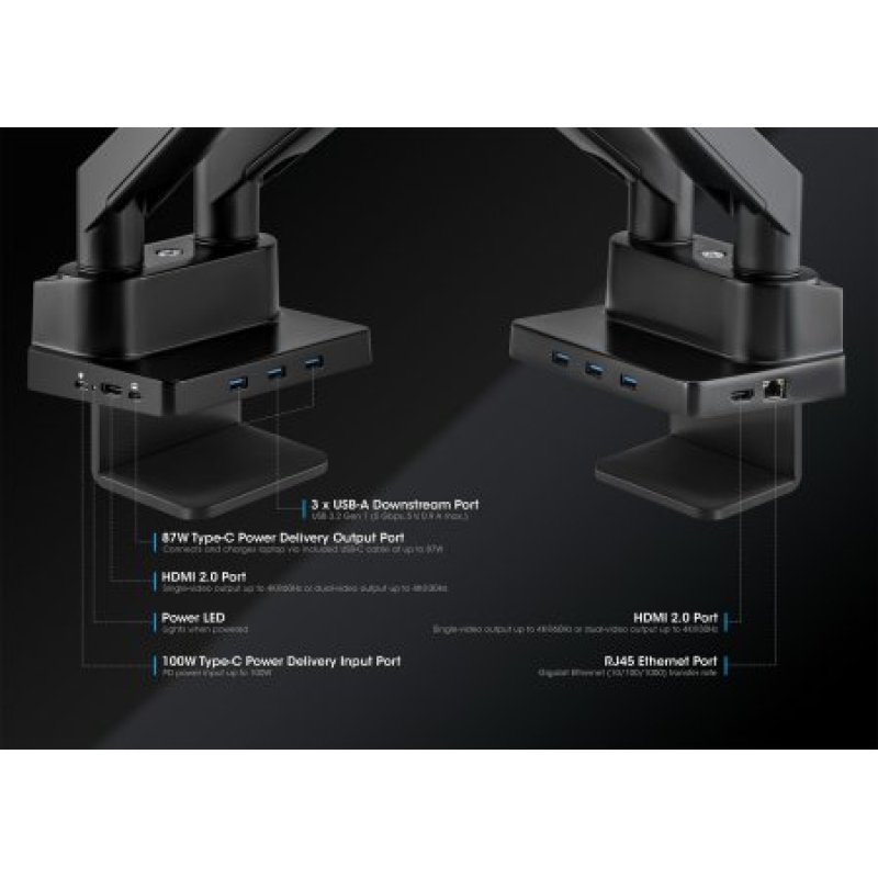 Manhattan Dual Desk Mount for TV & Monitors (Full Motion Gas Spring) with built-in Dock, For screens to 27", Ports