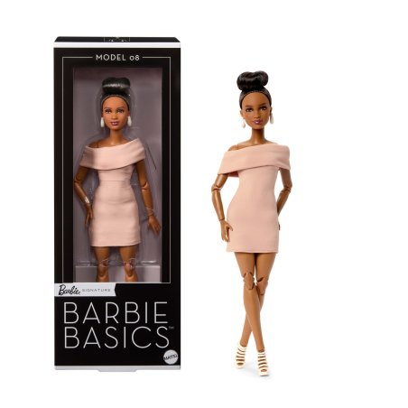 Barbie Signature Basics Collectible Doll, Model 08 with Brunette Hair in Tan Dress & Strappy Heels
