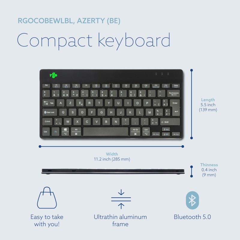 R-Go Tools Clavier ergonomique R-Go Compact Break, clavier compact avec logiciel de pause, AZERTY (BE), Bluetooth, noir